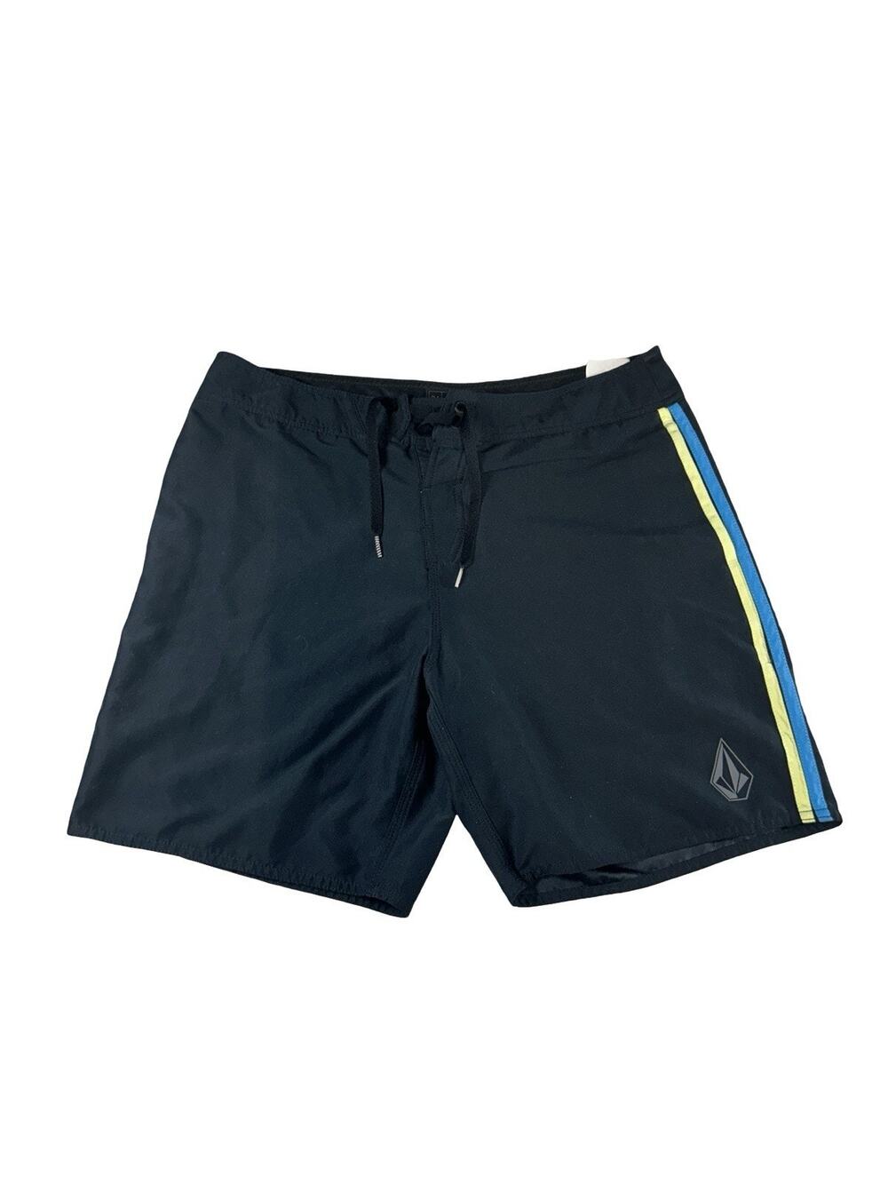 Volcom Men’s Size 34 Black Board Shorts Blue Yellow Stripe Surf Swim